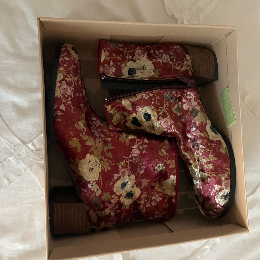 Anthropologie Red Floral Ankle Booties